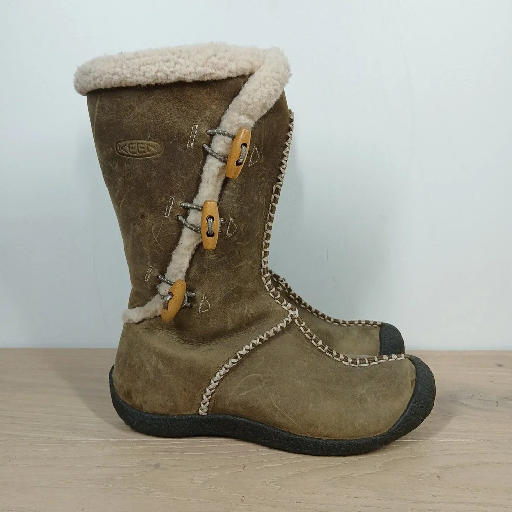 Keen Winter Boots Women 6 Olive Brown Leather Faux Fur Shearling Toggle Zip Tall